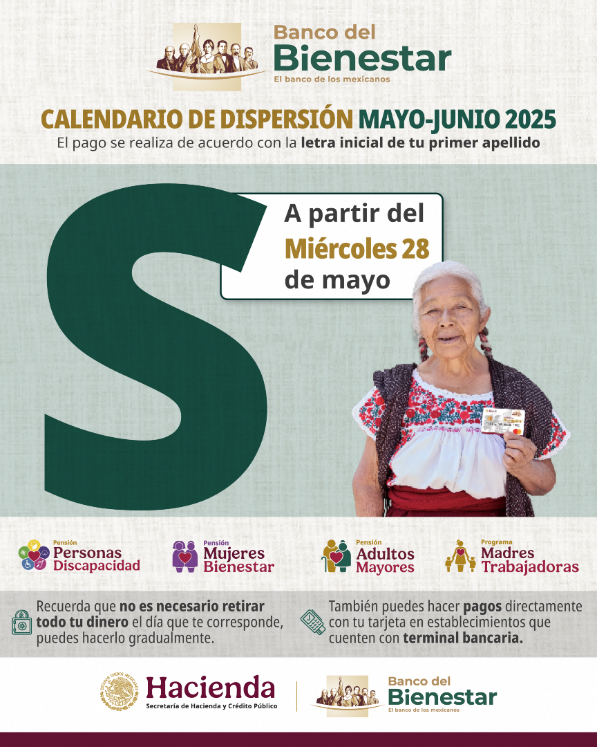 Si tu primer apellido comienza con la letra S, no olvides que a partir de mañana 28 de mayo reciben su apoyo las y los beneficiarios de la #PensiónAdultoMayor, #PensiónDiscapacidad, #PensiónMujeresBienestar y del programa #MadresTrabajadoras.

Recuerda que puedes acudir a partir