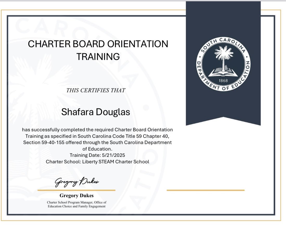 Liberty’s newest elected Board Director, founding VIP Shafara Douglas, has successfully completed her required charter school board member training last week in Columbia and is now officially certified by <a href="/EducationSC/">S.C. Department of Education</a> to serve as required by state law. <a href="/chrisgneeley/">Chris G. Neeley 🇺🇸</a>