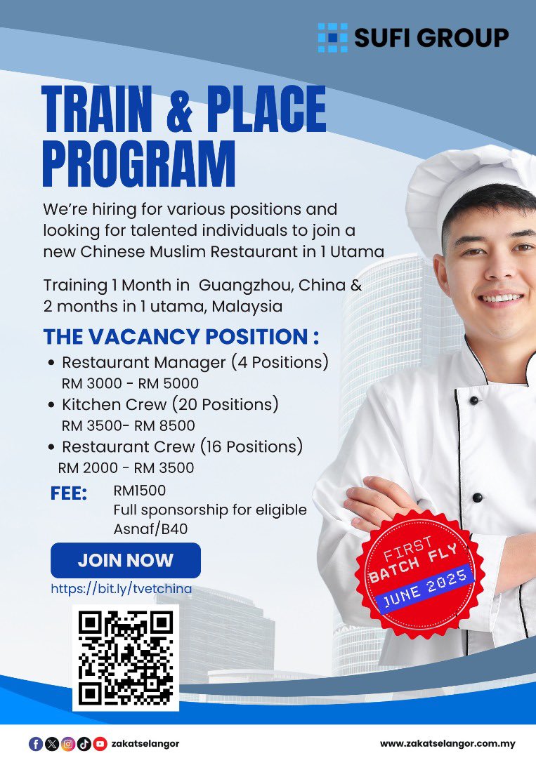📢 Salam &amp; greetings!
Thank you for registering your interest in the Train &amp; Place program by SUFI Group &amp; Lembaga Zakat Selangor.

📅 OPEN INTERVIEW: TODAY, 28 May 2025
🕘 9AM–4PM
📍 LZS HQ: g.co/kgs/thder2o
👨‍🍳 Kitchen Crew, Restaurant Manager &amp; Service Crew