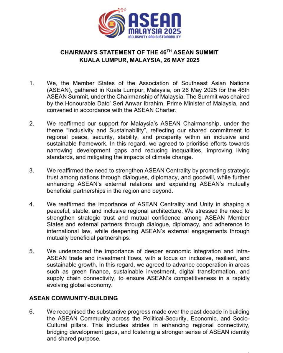 MYasean2025's tweet image. CHAIRMAN'S STATEMENT OF THE 46TH ASEAN SUMMIT KUALA LUMPUR, MALAYSIA, 26 MAY 2025