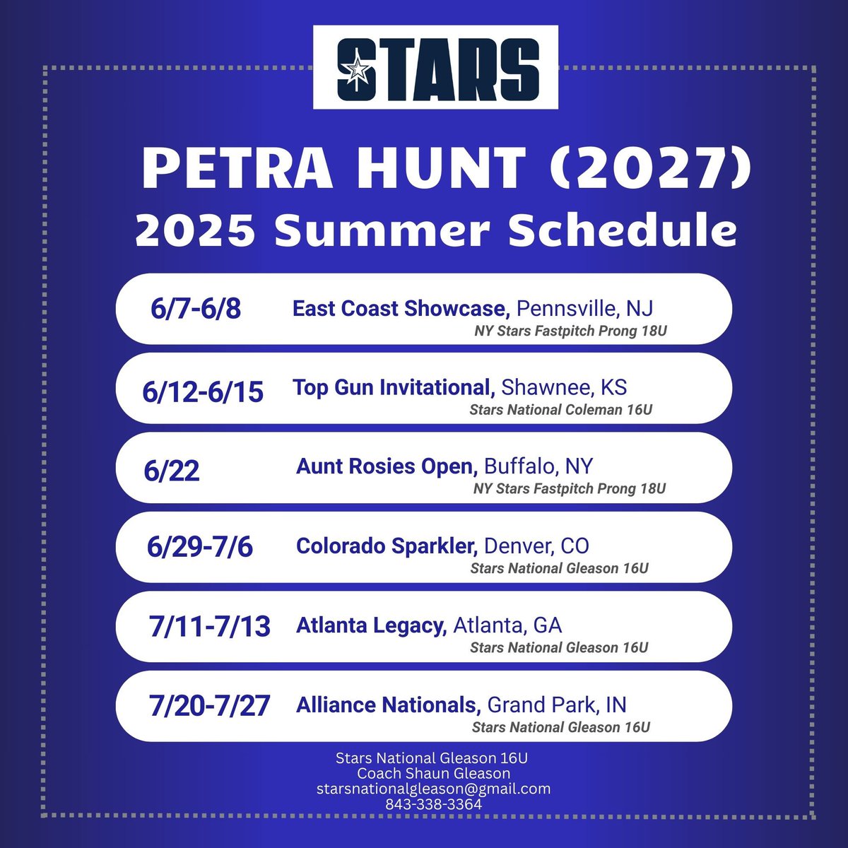 Petra Hunt-2027 (@petrahunt13) on Twitter photo 🥎 summer schedule drop! Can’t wait to get started!!
<a href="/Starsnatgleason/">Stars National Gleason</a>
<a href="/starsnationalfp/">Stars Organization</a>
<a href="/NYStarsFP_Prong/">NY Stars Fastpitch 18U Prong</a>
<a href="/CoastRecruits/">Coast 2 Coast Recruits</a>
<a href="/EastCoastFP/">East Coast Fastpitch Softball</a>
<a href="/SBRRetweets/">Softball Recruiting Reposts</a>
<a href="/D1Softball/">D1Softball</a>
<a href="/TOP_D1RECRUITS/">Softball Top Preps Retweet</a> 🥎 summer schedule drop! Can’t wait to get started!!
<a href="/Starsnatgleason/">Stars National Gleason</a>
<a href="/starsnationalfp/">Stars Organization</a>
<a href="/NYStarsFP_Prong/">NY Stars Fastpitch 18U Prong</a>
<a href="/CoastRecruits/">Coast 2 Coast Recruits</a>
<a href="/EastCoastFP/">East Coast Fastpitch Softball</a>
<a href="/SBRRetweets/">Softball Recruiting Reposts</a>
<a href="/D1Softball/">D1Softball</a>
<a href="/TOP_D1RECRUITS/">Softball Top Preps Retweet</a>