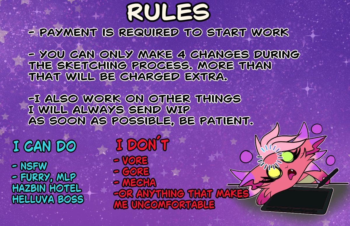 I will open commissions again, but first of all I ask you to read the information in the pictures please.
RT and Sharing are wellcome.
#ychcommission #HazbinHotel #furrycommision #opencommission #limitedslots #slots #CommissionSheet