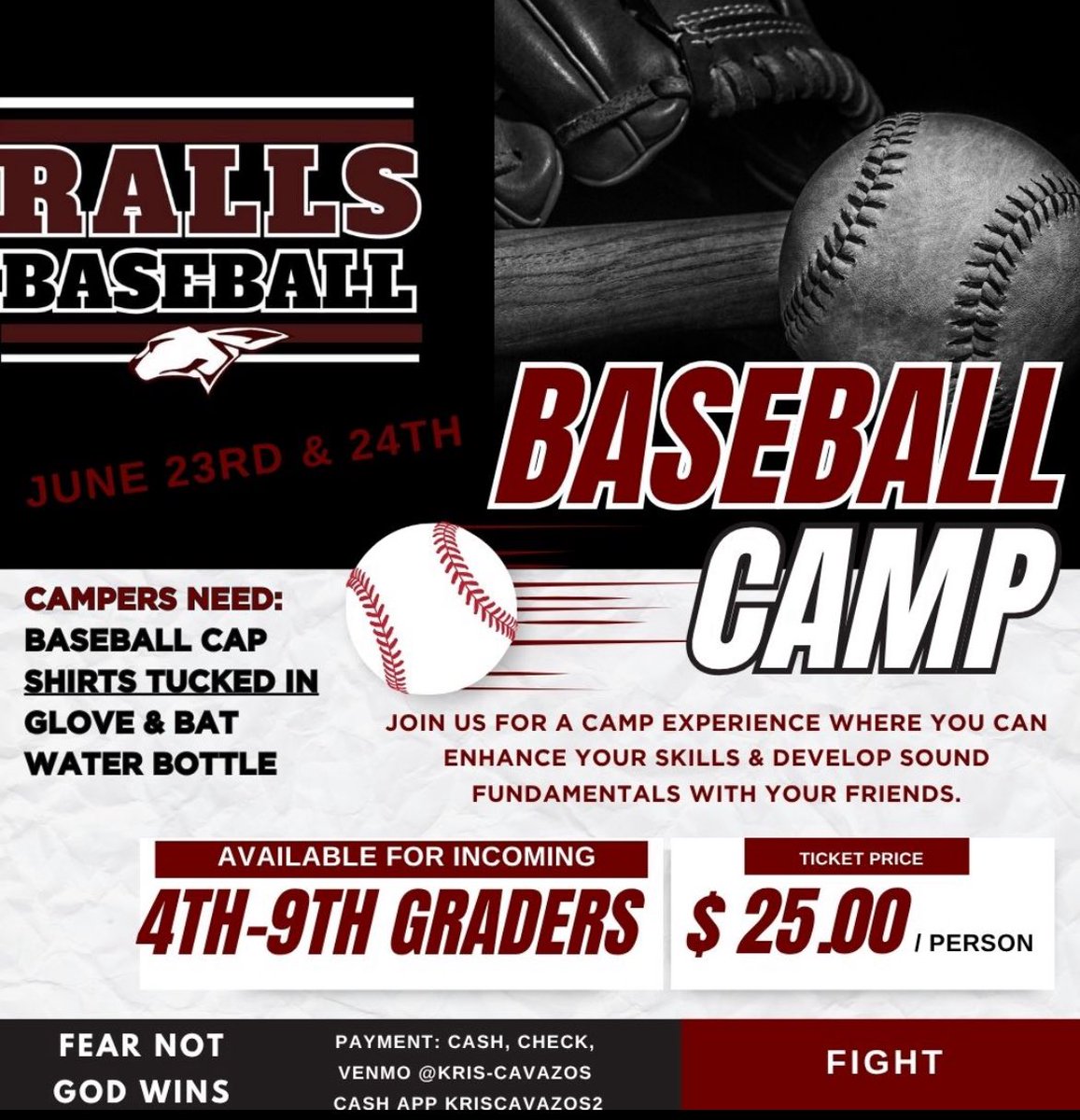 Come check out what Jackrabbit Baseball is all about !!! Boys, girls, in district or out of district are welcome !!! 
10:00 AM - 12:00

Please send me a message, reply or email if you are wanting to attend or have any questions !!!

Kcavazos@rallsisd.org

Fear Not God Wins 🙌🏽🙌🏽🙌🏽