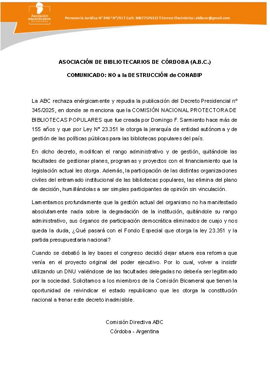 abc_cordoba's tweet photo. 📌ABC Asociación Bibliotecarios de Córdoba 📚📖🇦🇷
⚠️COMUNICADO: NO a la DESTRUCCIÓN de @CONABIP Comisión Nacional de Bibliotecas Populares
#conabipenpeligro
#bibliotecaspopulares
#Abibcor
#Argentina2025 https://t.co/g2QvRRRez3