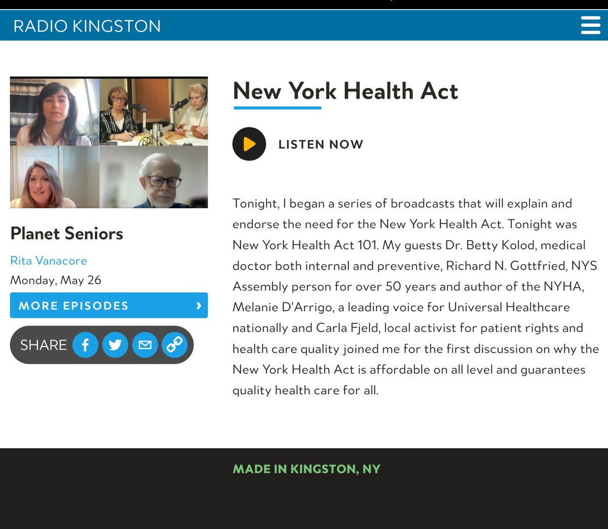 Thank you Radio Kingston &amp; host Rita Vanacore for inviting our Chair Dr. Betty Kolod to discuss the #NYHealthAct with author of the bill, Richard Gottfried, Campaign for NY Health Dir. Melanie D'Arrigo &amp; activist, Carla Fjeld.
👂 pnhpnymetro.org/past_events
🗣️ bit.ly/Action4NYHA