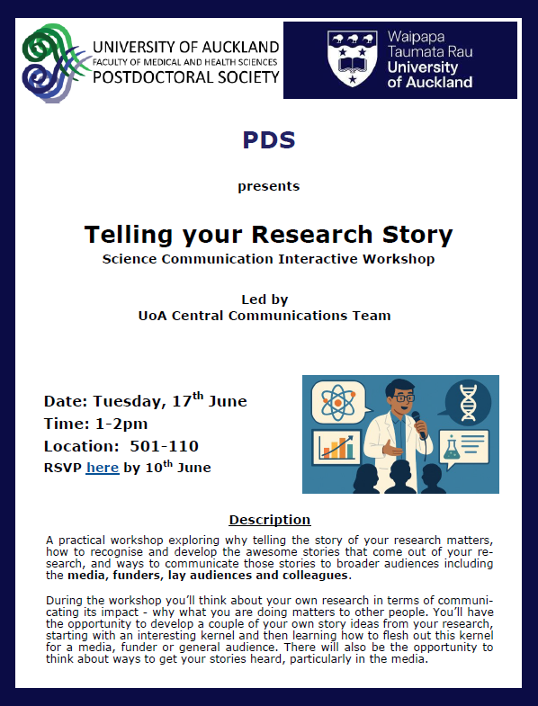 FMHS-PDS workshop: Telling your Research Story 1-2pm 17th June. No online option, RSVP essential, snacks and drinks served after :)  RSVP here: docs.google.com/forms/d/e/1FAI…