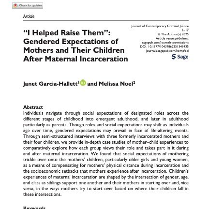 Dr. Janet Garcia-Hallett (@jgarciahallett) on Twitter photo 📢Publication Alert!
📖“I Helped Raise Them”: Gendered Expectations of Mothers and Their Children After Maternal Incarceration
🔗doi.org/10.1177/104398…
<a href="/MelissaENoel/">Melissa E. Noel, Ph.D.</a> & I explore how, during mothers' incarceration, their daughters take on gendered social expectations of mothers. 📢Publication Alert!
📖“I Helped Raise Them”: Gendered Expectations of Mothers and Their Children After Maternal Incarceration
🔗doi.org/10.1177/104398…
<a href="/MelissaENoel/">Melissa E. Noel, Ph.D.</a> & I explore how, during mothers' incarceration, their daughters take on gendered social expectations of mothers.