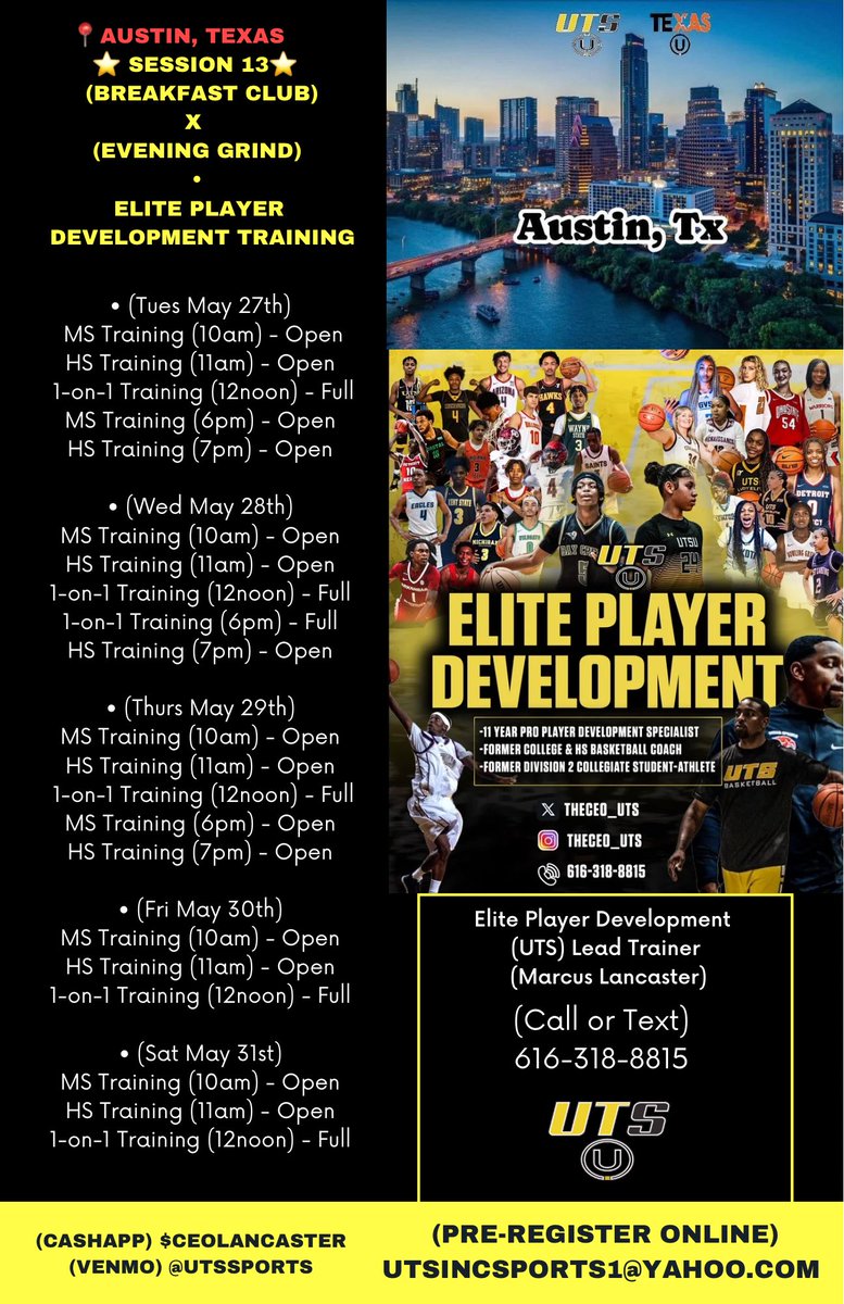 TheCEO_UTS's tweet photo. 📍Austin, TX
#Tuesday Breakfast Club & Evening GRIND Player Development Training with UTS Sports Skill Development & Travel Basketball Club ‼️
🔥 THE SUMMER TIME IS APPROACHING 🔥
#Session13 #TheFirm #PefectYourCraft https://t.co/999Q6gvw8r