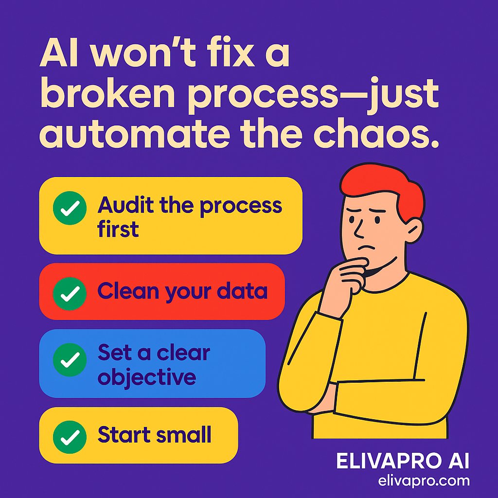 elivapro's tweet photo. AI won’t fix a broken system - it’ll just automate the chaos.

Before implementing AI in your business, ask this:
👉 Are the underlying processes even worth automating?

We’ve seen it too often:
A company adopts AI hoping for a miracle... https://t.co/y9dBoKSZxX