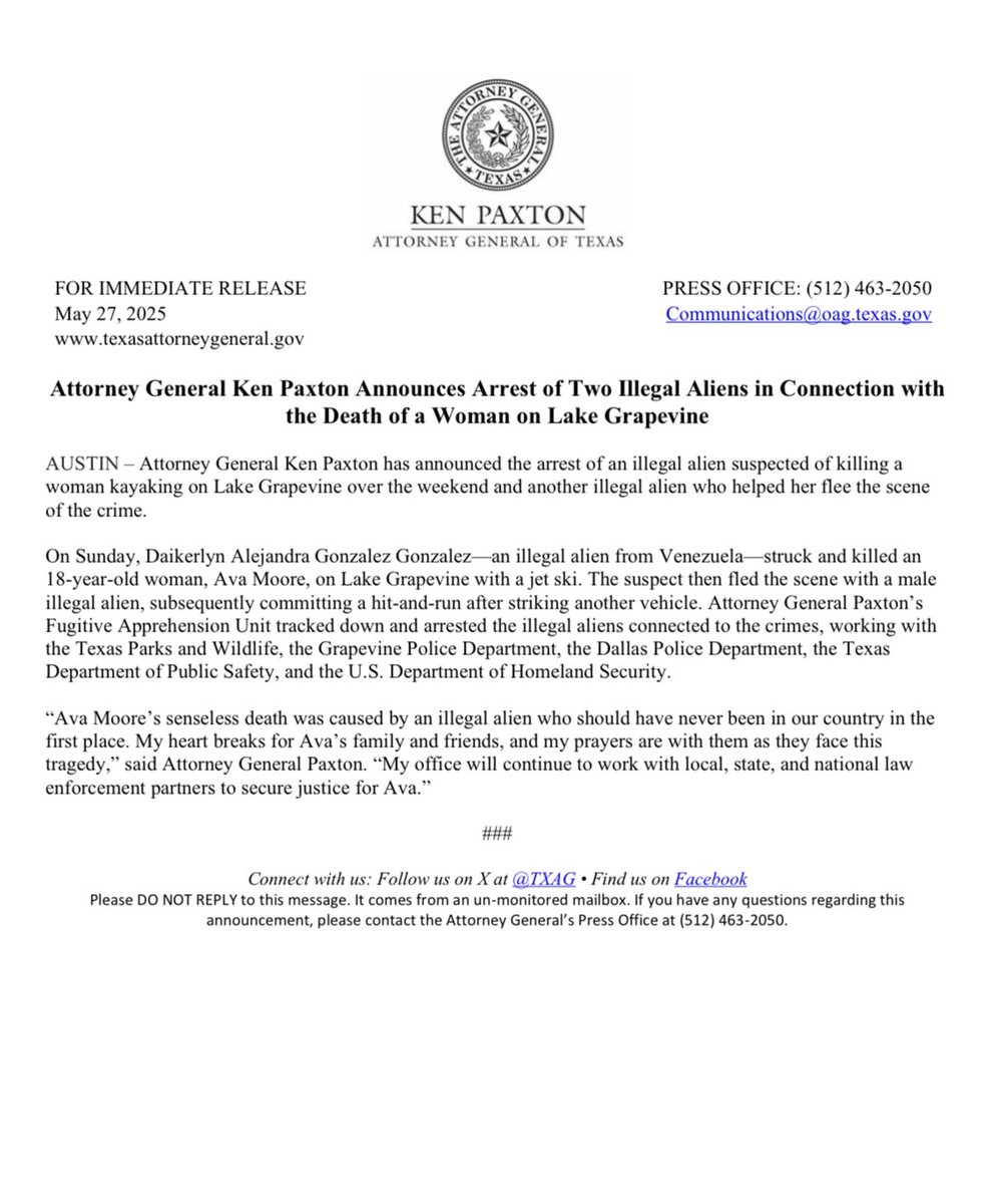 CoffindafferFBI's tweet image. Follow-up regarding the killing of #AvaMoore by an illegal alien who hit Ava while driving a jet ski and fled. Ava was in a kayak when she was struck.  

#Texas
#ILLEGALimmigrant

Hat tip: @missy_12080