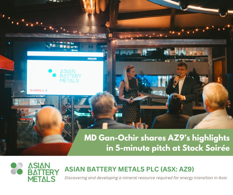 Asian Battery Metals PLC (@asianbatterymet) on Twitter photo Asian Battery Metals (ASX: AZ9) was proud to take the stage at <a href="/MarketOpenAUS/">MarketOpen</a>'s Stock Soirée in Perth. Our MD <a href="/GanaaZ/">Gan-Ochir.Z</a> highlighted why Mongolia is one of the most exciting frontiers for battery metals: strategic location near China, high-grade sulphide hits at The Oval, and real Asian Battery Metals (ASX: AZ9) was proud to take the stage at <a href="/MarketOpenAUS/">MarketOpen</a>'s Stock Soirée in Perth. Our MD <a href="/GanaaZ/">Gan-Ochir.Z</a> highlighted why Mongolia is one of the most exciting frontiers for battery metals: strategic location near China, high-grade sulphide hits at The Oval, and real