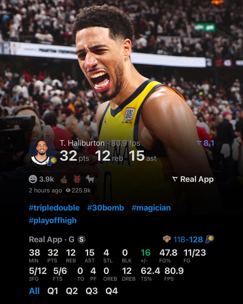 LegionHoops's tweet photo. TYRESE MF HALIBURTON TONIGHT:

32 POINTS
15 ASSISTS
12 REBOUNDS
5 THREES
4 STEALS
0 TURNOVER (!!!)

Overrated?? 🧢🧢 (via @realapp) https://t.co/0IDeietfnF
