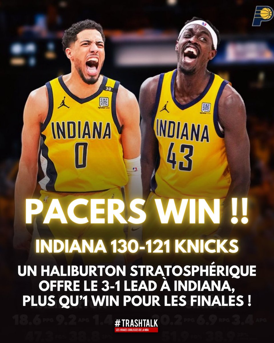 TrashTalk_fr's tweet image. 🚨 PACERS WIN !!!!

INDIANA MÈNE 3-1 FACE AUX KNICKS

1 WIN ET À EUX LES FINALES NBA !!!