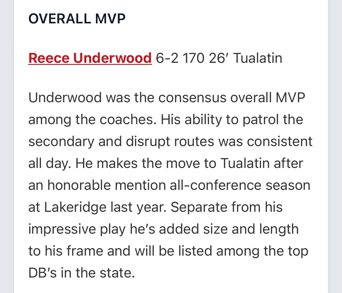 Reece_w_u's tweet image. Thankyou @JordanJ_ for the write up and thankyou @PrepRedzoneOR For having me out to compete and naming me CONSENSUS Overall Camp MVP