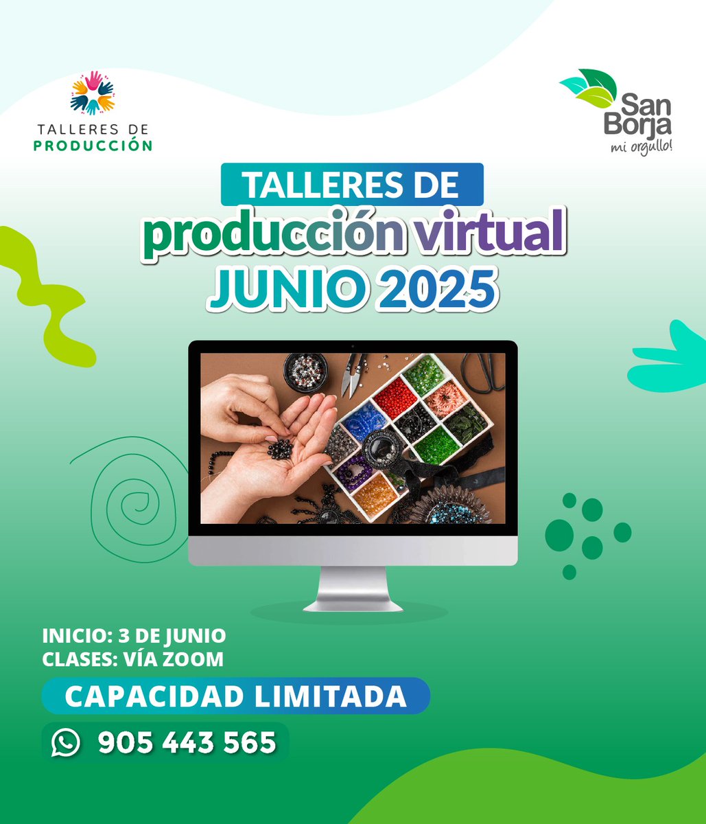 MunideSanBorja's tweet image. ¡Talleres de producción #virtuales para ti! 💪✨

Conoce nuestros horarios e inscríbete hasta el 3 de junio en la Plataforma de Atención ubicada en la 📍Av. Joaquín Madrid 200. 

¡Pasa la voz, iniciamos el 3 de junio! 

*Capacidad limitada*

#SanBorjaMiOrgullo