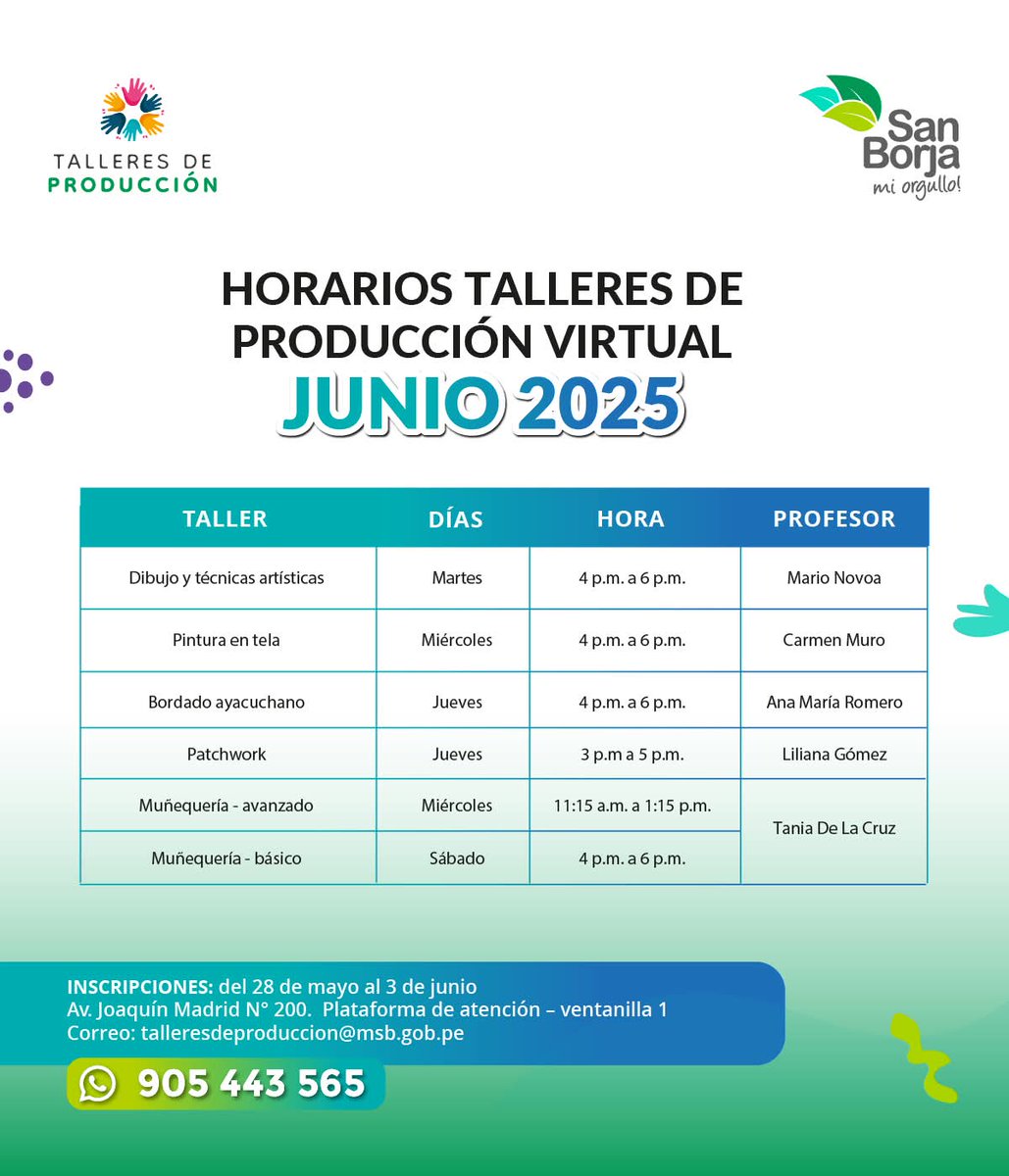MunideSanBorja's tweet image. ¡Talleres de producción #virtuales para ti! 💪✨

Conoce nuestros horarios e inscríbete hasta el 3 de junio en la Plataforma de Atención ubicada en la 📍Av. Joaquín Madrid 200. 

¡Pasa la voz, iniciamos el 3 de junio! 

*Capacidad limitada*

#SanBorjaMiOrgullo
