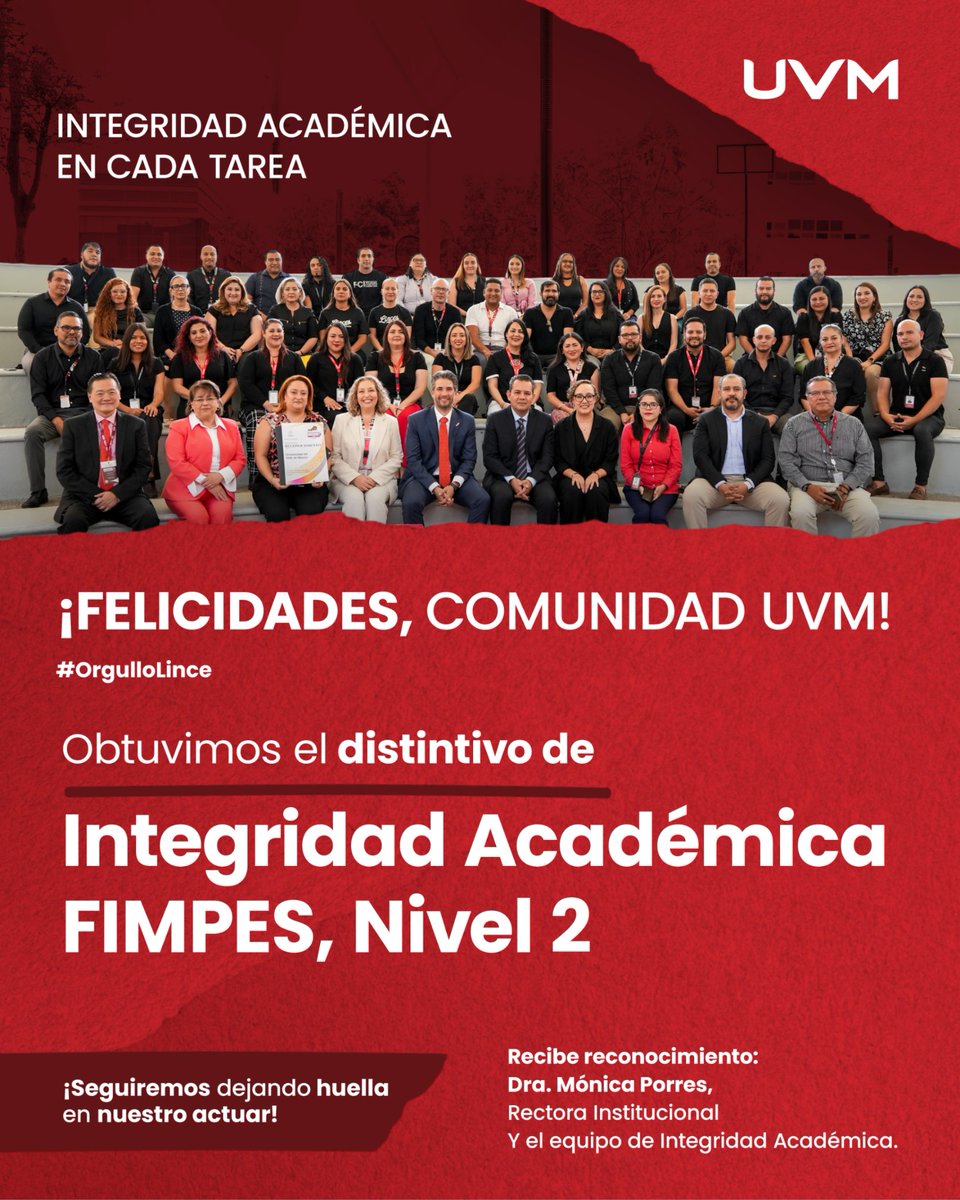 ¡Felicidades, Comunidad UVM! 🎉 Con orgullo les compartimos que hemos obtenido el Distintivo de Integridad Académica FIMPES, Nivel 2. 🙌🏼

Este logro refleja el compromiso de nuestra comunidad con la honestidad, el respeto y la transparencia en cada paso del camino académico. 📚