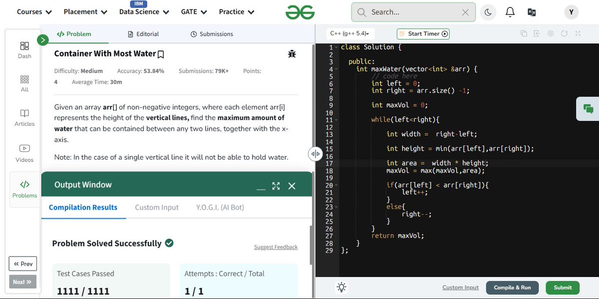 YojitKataria's tweet image. 🚀 #GFG160 – Day 56: Maximum Water Secured! 🪣📐
Solved the Container With Most Water problem today 
✔️ Container With Most Water
#TwoPointers #Greedy #ArrayProblems #GeeksforGeeks #100DaysOfCode #geekstreak2025
@geeksforgeeks