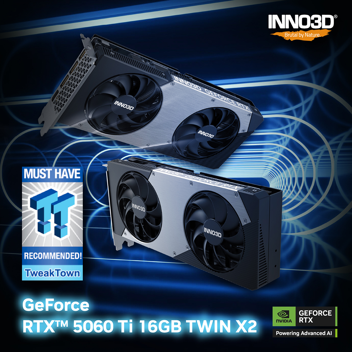 Inno3D's tweet photo. INNO3D GeForce RTX 5060 Ti 16GB Twin X2 gets “Recommended” award from Tweaktown!! 💪😁
Read more: https://t.co/CU2tNE5bra
#award #brutalbynature #inno3d #blackwell #geforce #rtx #rtx5060Ti #dualslot #gpu https://t.co/vuUhDAZtJH