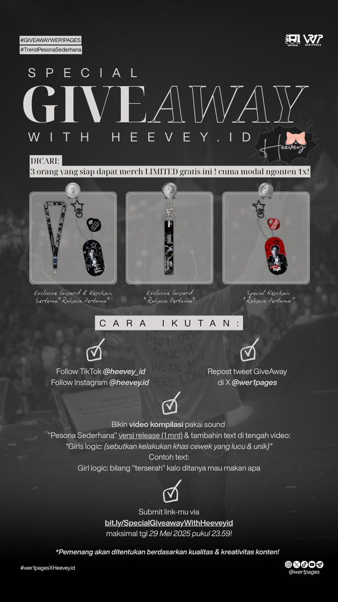 wer1pages's tweet photo. Bikin 1 KONTEN = dapet lanyard &amp; keychain WeR1?! 😱

Cuma di GIVE AWAY Minpej bareng @heevey.id ajaa ✨

Cukup buat konten kayak gini: 
https://t.co/kAsXSlbDBj

dan submit link kamu via https://t.co/kTBE7sBcWF ‼️

Yuk, tunjukin pesona konten kalian maksimal 29 Mei pk. 23.59! https://t.co/Ti0waSevyk