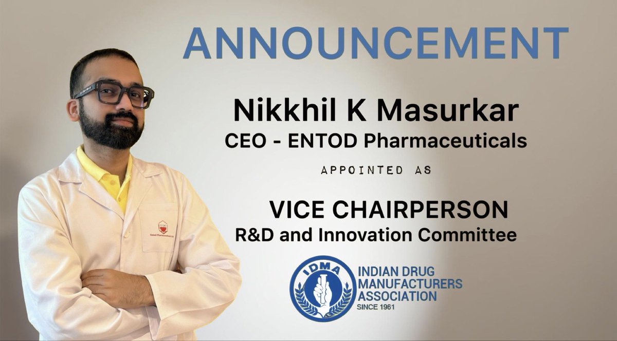 Entod Pharmaceuticals (@entodpharma) on Twitter photo We are delighted to announce that our CEO <a href="/nikkhilkm/">Nikkhil K Masurkar ๐๏ธ๐๏ธ</a> has been appointed as Vice Chairperson of the R&D and Innovation committee of the Indian Drug Manufacturers' Association (IDMA) <a href="/idmapr/">IDMA</a> <a href="/IdmaPresident/">IDMAPresident</a> for the two-year term 2025-2026.
#idma #indianpharma #innovateinindia We are delighted to announce that our CEO <a href="/nikkhilkm/">Nikkhil K Masurkar ๐๏ธ๐๏ธ</a> has been appointed as Vice Chairperson of the R&D and Innovation committee of the Indian Drug Manufacturers' Association (IDMA) <a href="/idmapr/">IDMA</a> <a href="/IdmaPresident/">IDMAPresident</a> for the two-year term 2025-2026.
#idma #indianpharma #innovateinindia