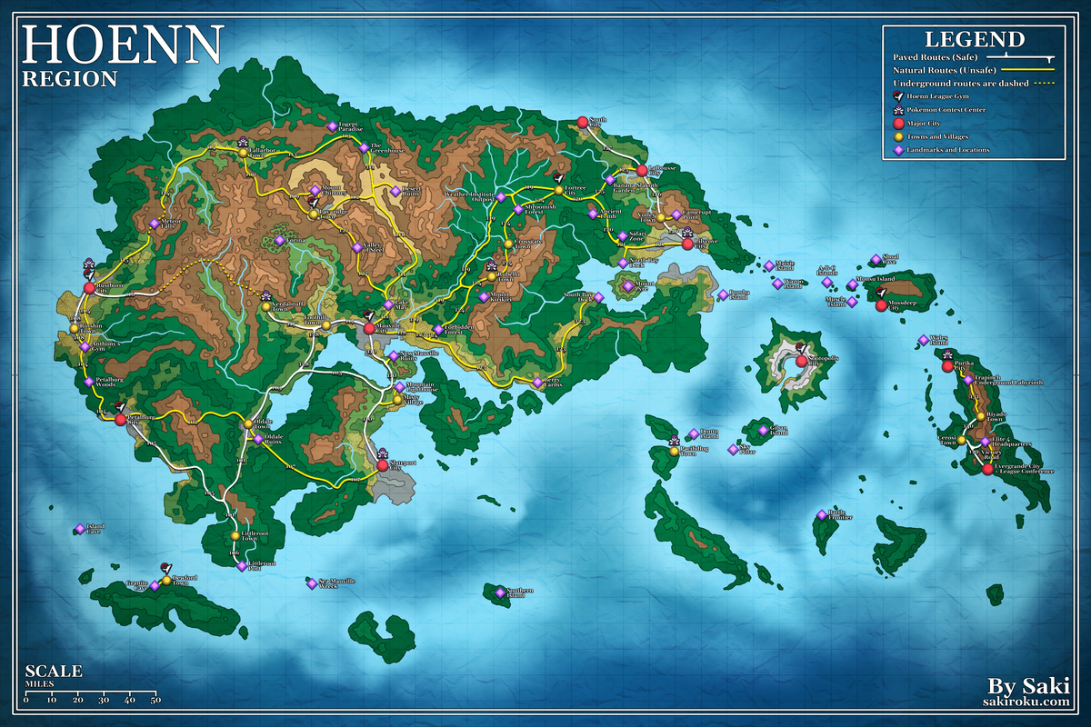 I remastered my old Hoenn region map from 2021! It's got all locations from the anime &amp; games, &amp; I made JP edits too! (1/2)