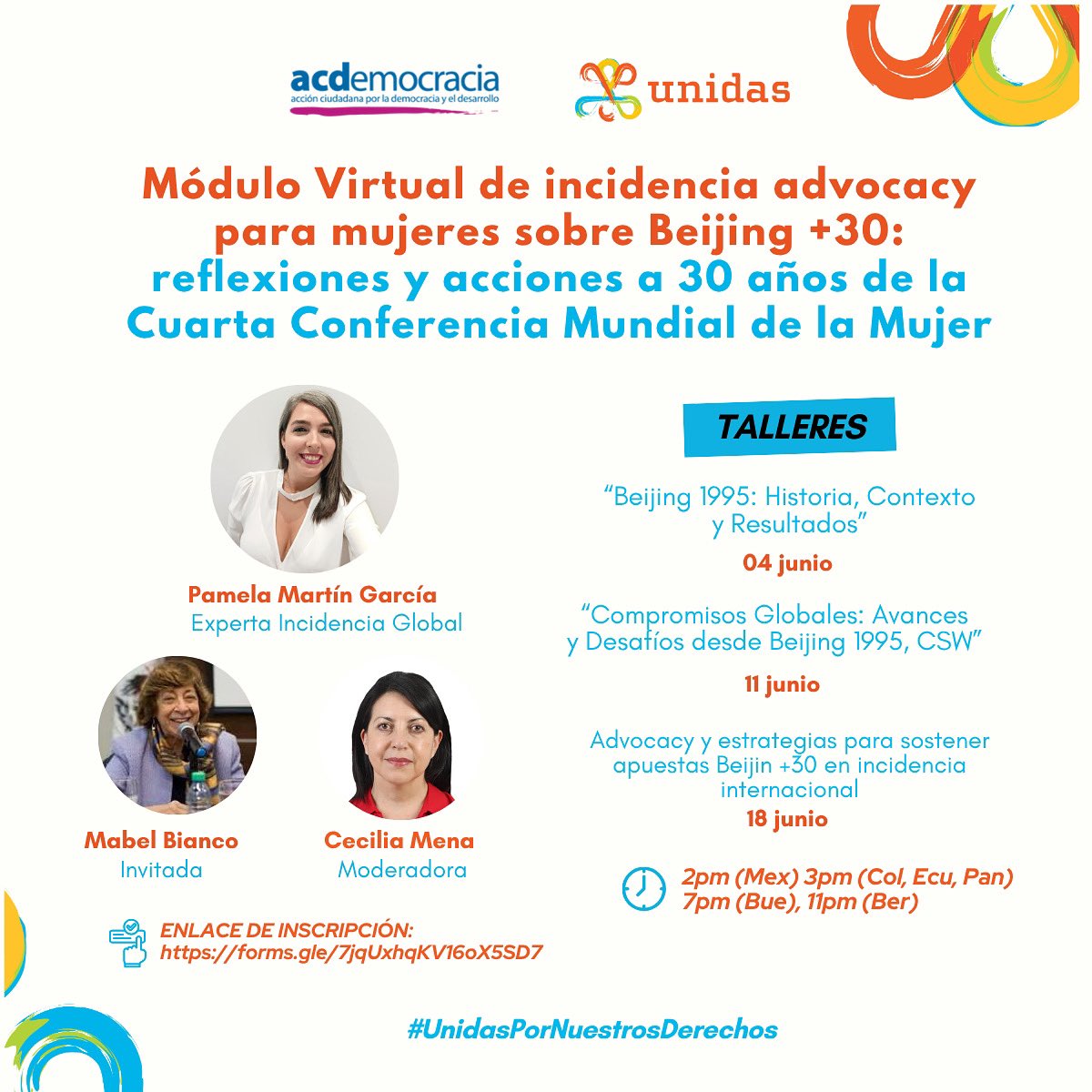 ¡Atención! lanzamos nuestro "Módulo Virtual de incidencia advocacy para mujeres sobre Beijing +30: reflexiones y acciones a 30 años de la Cuarta Conferencia Mundial de la Mujer" 
📌 Inscríbete aquí 👉 forms.gle/7jqUxhqKV16oX5… 

 #UnidasPorNuestrosDerechos