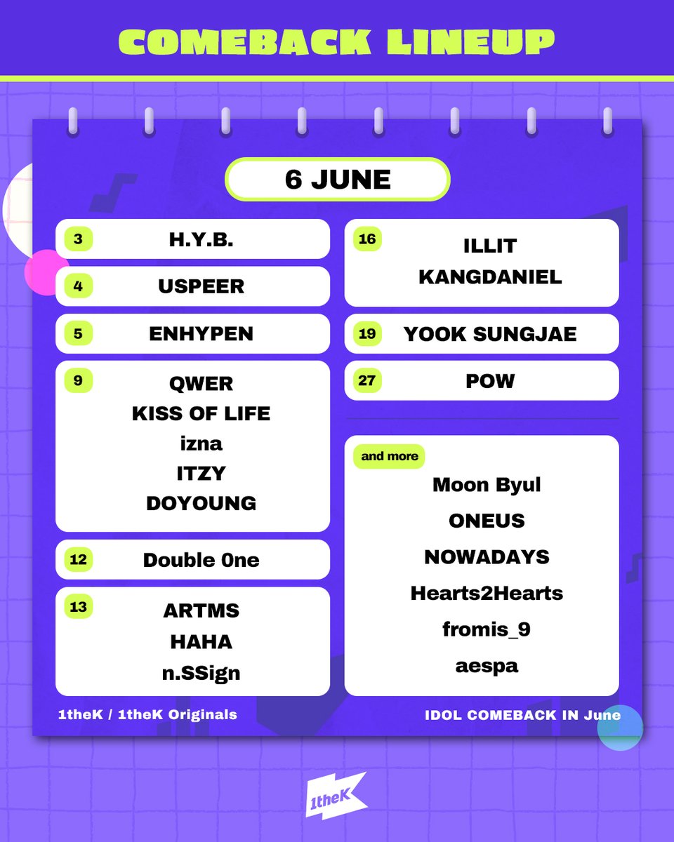 💜6월 컴백 라인업💜
COMEBACK LINE-UP IN June☀️
Which team do you most look forward to?😉
