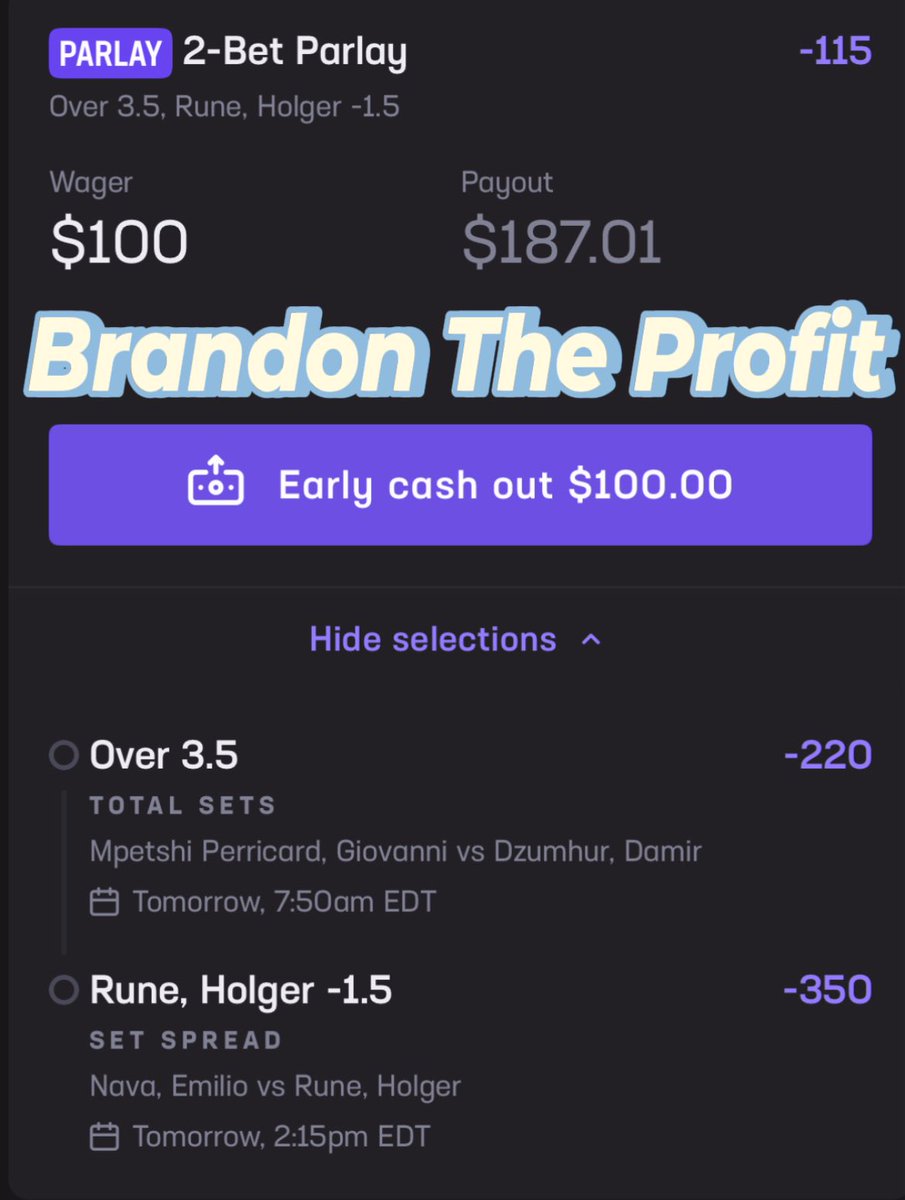 FRENCH OPEN LADDER CHALLENGE 🪜

$100 —> $10,000 Challenge 💰 

Day 1:🪜$100 —>$187 

Last 60 Free Plays: 42-18 (+47.5U) 🤑