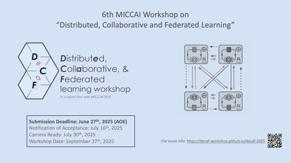 We are glad to announce that the 6th #MICCAI workshop on distributed, collaborative and federated learning (DeCaF) are here!
Submit your work by **27th of June 2025 AOE** and join us in DAEJEON!
For more info, please visit our website: decaf-workshop.github.io/decaf-2025. <a href="/MICCAI_Society/">MICCAI</a>