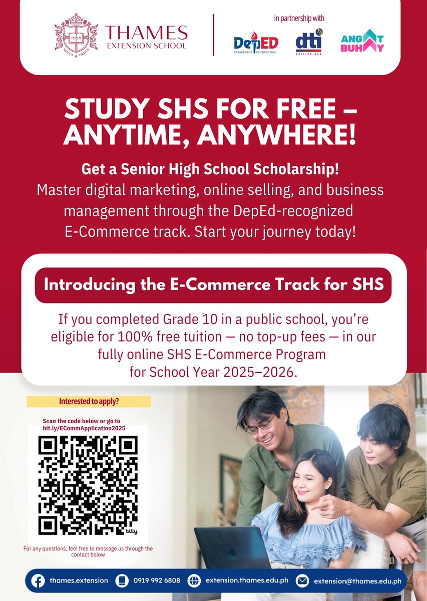 angatbuhay_ph's tweet photo. STUDY SHS FOR FREE! 

Sa tulong ng mga partners tulad ng Thames Extension School, DepEd, at DTI, posible nang makapagtapos ng Senior High School sa E-Commerce Track — LIBRE, fully online, at may tiyak na internship sa mga e-commerce companies. https://t.co/9VleHC7f1F