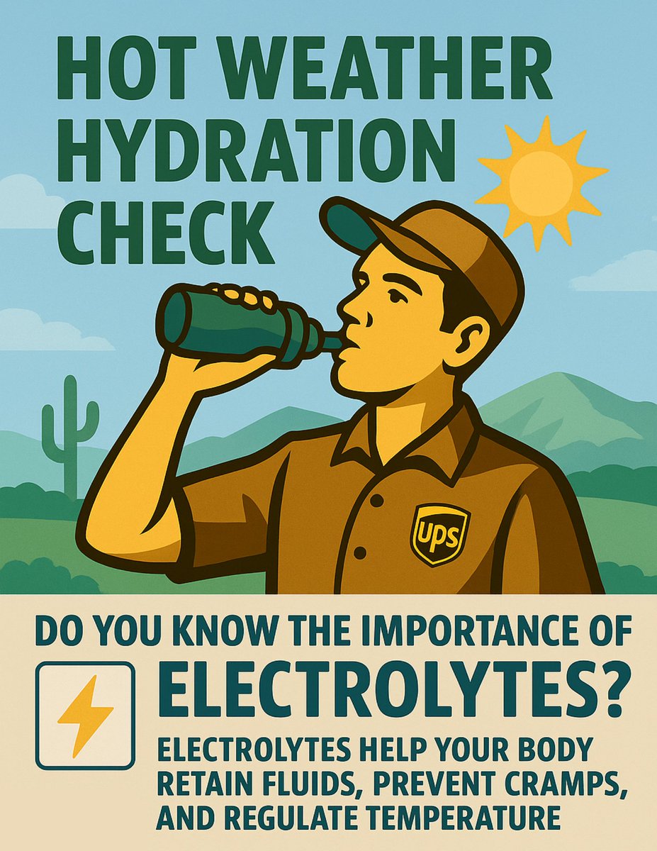 UPSCERCAsafety's tweet photo. Hot Weather Hydration Check! Electrolytes are key 👍👍👍#upsdriver #heatstroke #HYDRATE @UPSers @OHWellnessUPS @SunriseDfw https://t.co/XUV9wFR68U