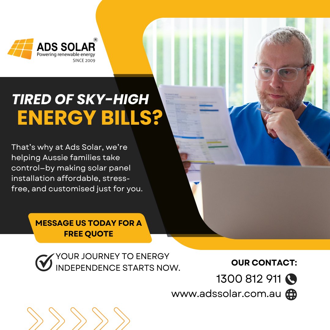 ADSSolar's tweet photo. 💡 Tired of paying for overpriced power?
Let the sun do the work. 🌞
@AdsSolar makes solar panel installation in Australia affordable, efficient & life-changing.
📉 Lower bills
💚 Cleaner energy
🏡 Brighter home
https://t.co/6LOZlgBxnq
#AdsSolar #SolarAustralia #GoSolar https://t.co/OzIDewHWjl