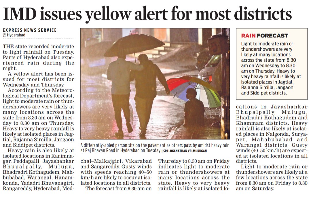 Sri Loganathan Velmurugan (@sriloganathan6) on Twitter photo A differently-abled person sits on the pavement as others pass by amidst heavy rain at Raj Bhavan Road in Hyderabad. IMD issues yellow alert for most districts in Telangana
<a href="/NewIndianXpress/">The New Indian Express</a> <a href="/XpressHyderabad/">TNIE Telangana</a> <a href="/Kalyan_TNIE/">Kalyan Chakravarthy</a> <a href="/santwana99/">santwanabhattacharya</a> <a href="/shibasahu2012/">SHIBA</a> #HyderabadRains A differently-abled person sits on the pavement as others pass by amidst heavy rain at Raj Bhavan Road in Hyderabad. IMD issues yellow alert for most districts in Telangana
<a href="/NewIndianXpress/">The New Indian Express</a> <a href="/XpressHyderabad/">TNIE Telangana</a> <a href="/Kalyan_TNIE/">Kalyan Chakravarthy</a> <a href="/santwana99/">santwanabhattacharya</a> <a href="/shibasahu2012/">SHIBA</a> #HyderabadRains