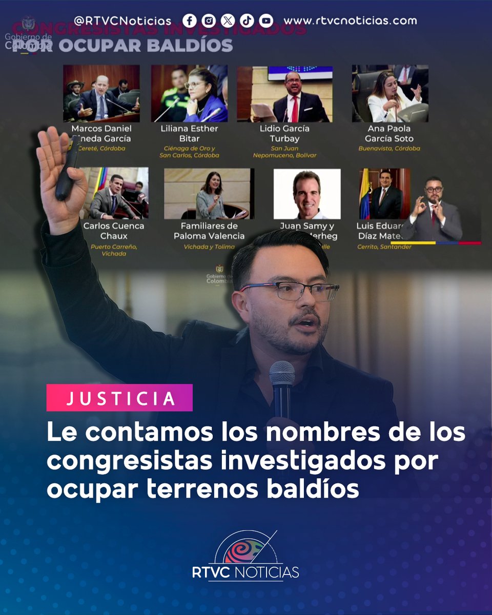 RTVCnoticias's tweet photo. 🚨🚨🚨#ConsejoDeMinistros | ¡ATENCIÓN! El director de la @AgenciaTierras, @HarmanFelipe reveló en directo los nombres de los congresistas señalados de ocupar terrenos baldíos:
📌Marcos Daniel Pineda García- Cereté, Córdoba
📌Liliana Esther Bitar- Ciénega de Oro y San Carlos, Córdoba
📌Lidio García Turbay- San Juan Nepomuceno, Bolívar
📌Ana Paola García Soto- Buenavista, Córdoba
📌Carlos Cuenca Chaux- Puerto Carreño, Vichada
📌Familiares de Paloma Valencia- Vichada y Tolima
📌Juan Samy y Habib Merheg- Vichada y Valle del Cauca
📌Luis Eduardo Díaz Mateus- Cerrito, Santander
🔴Conéctate con nosotros 👉🏻 https://t.co/UnFacxKkE1