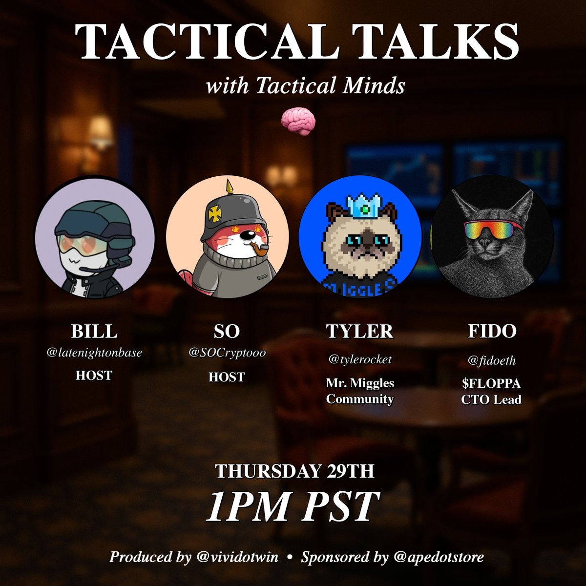 VIVI👒💰🥃 (@vividotwin) on Twitter photo Join us for another epic episode —🍸
<a href="/Tactical_Talks/">Tactical Talks</a> E03 🎙️
Guests 🧠
<a href="/tylerocket/">✦ rocket ✦</a> Team <a href="/MrMigglesOnBase/">Mr. Miggles</a>
<a href="/fidoeth/">fido (💾,😼)</a> CTO Lead <a href="/floppa/">Floppa</a>
Hosted by <a href="/latenightonbase/">Bill- Late Night on Base</a> & <a href="/SOCryptooo/">SO</a>
Date 🗓Thursday 29th - 1PM PST
Sponsored by <a href="/apedotstore/">Ape.Store</a>🍌 Join us for another epic episode —🍸
<a href="/Tactical_Talks/">Tactical Talks</a> E03 🎙️
Guests 🧠
<a href="/tylerocket/">✦ rocket ✦</a> Team <a href="/MrMigglesOnBase/">Mr. Miggles</a>
<a href="/fidoeth/">fido (💾,😼)</a> CTO Lead <a href="/floppa/">Floppa</a>
Hosted by <a href="/latenightonbase/">Bill- Late Night on Base</a> & <a href="/SOCryptooo/">SO</a>
Date 🗓Thursday 29th - 1PM PST
Sponsored by <a href="/apedotstore/">Ape.Store</a>🍌