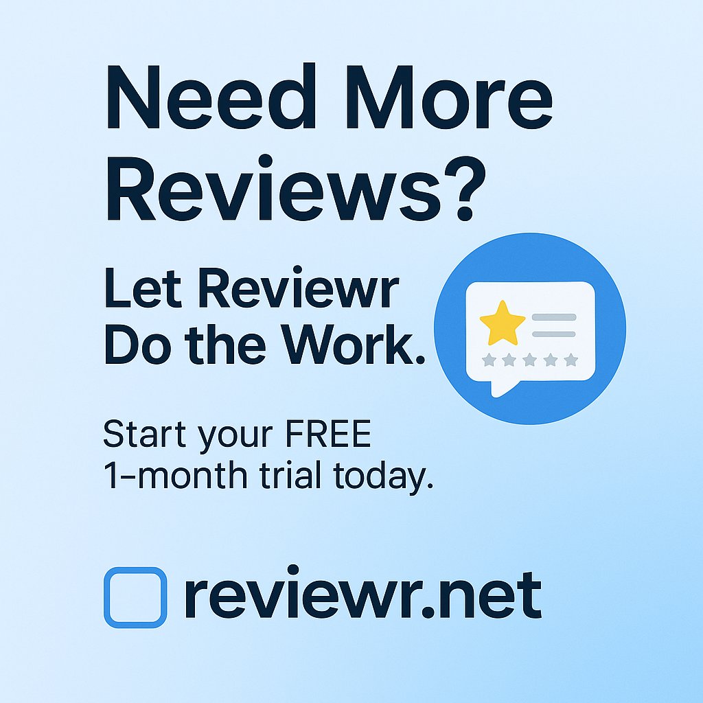 reviewrnet's tweet photo. Need more reviews?
Every business does.

📈 Reviewr helps you collect &amp; manage reviews—so you can grow without the headache.

✅ Google &amp; Facebook reviews
✅ 1 dashboard, no stress

Try it FREE for 1 month → https://t.co/DkYsd6kc5x
#GoogleReviews #FacebookReviews https://t.co/OsIEoANkFE