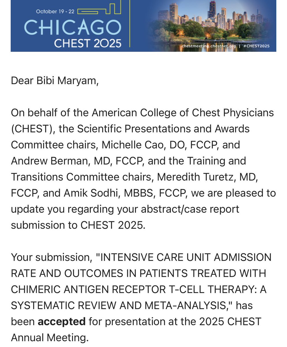 Bibi Maryam (@maryam7835bibi) on Twitter photo Excited to announce that 4 of my abstracts have been accepted for presentation at <a href="/accpchest/">CHEST</a> 2025 Annual Conference. Grateful for my mentors <a href="/Taha_CancerDoc/">Taha A, MD</a> <a href="/msalmanfaisal/">Faisal, Salman M</a> <a href="/ouholter/">J Holter Chakrabarty</a> <a href="/marleydog53/">Adam Asch</a> <a href="/Nischistocyte/">Nishant Rajendra Tiwari</a> <a href="/maidahafiz/">Maida Hafiz</a>
#CHEST2025
<a href="/ResearchOU/">OU DOM Resident Research</a> <a href="/OU_internalmed/">OU Internal Medicine Residency</a> <a href="/OUCollegeofMed/">OU College of Medicine</a> Excited to announce that 4 of my abstracts have been accepted for presentation at <a href="/accpchest/">CHEST</a> 2025 Annual Conference. Grateful for my mentors <a href="/Taha_CancerDoc/">Taha A, MD</a> <a href="/msalmanfaisal/">Faisal, Salman M</a> <a href="/ouholter/">J Holter Chakrabarty</a> <a href="/marleydog53/">Adam Asch</a> <a href="/Nischistocyte/">Nishant Rajendra Tiwari</a> <a href="/maidahafiz/">Maida Hafiz</a>
#CHEST2025
<a href="/ResearchOU/">OU DOM Resident Research</a> <a href="/OU_internalmed/">OU Internal Medicine Residency</a> <a href="/OUCollegeofMed/">OU College of Medicine</a>