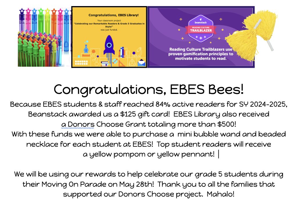 Thanks to #Beanstack , <a href="/DonorsChoose/">DonorsChoose</a> &amp; our generous <a href="/EBESBees/">Ewa Beach Elementary</a> families, each student will receive a beaded necklace &amp; bubble wand! Top readers will earn a pom pom or yellow pennant.  We will be using these items to celebrate our grade 5 students at their moving on parade on 5/28.