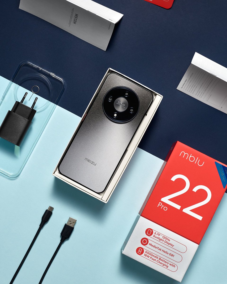 MEIZU's tweet image. Midnight Black never looked so bold. Unpack your MEIZU Mblu 22 Pro alongside its charger, cable and transparent case, then watch performance and design come alive in your hands.

Buy now: bit.ly/3Zn2pcr

#MEIZU #Flywithme #MEIZUMblu22Pro #Mblu22Series