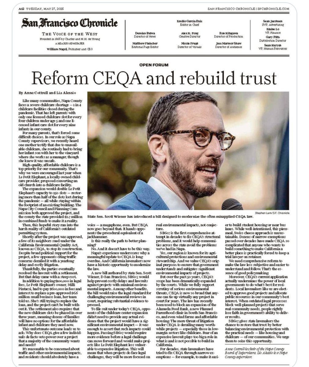 AnneCottrell's tweet photo. In this @sfchronicle opinion piece, my colleague @lizinnapa and I talk about a Napa childcare project that was almost derailed by a CEQA challenge, and how the law needs fixes like #SB607 to help communities get the childcare and housing they need. https://t.co/DWbwCo8amW