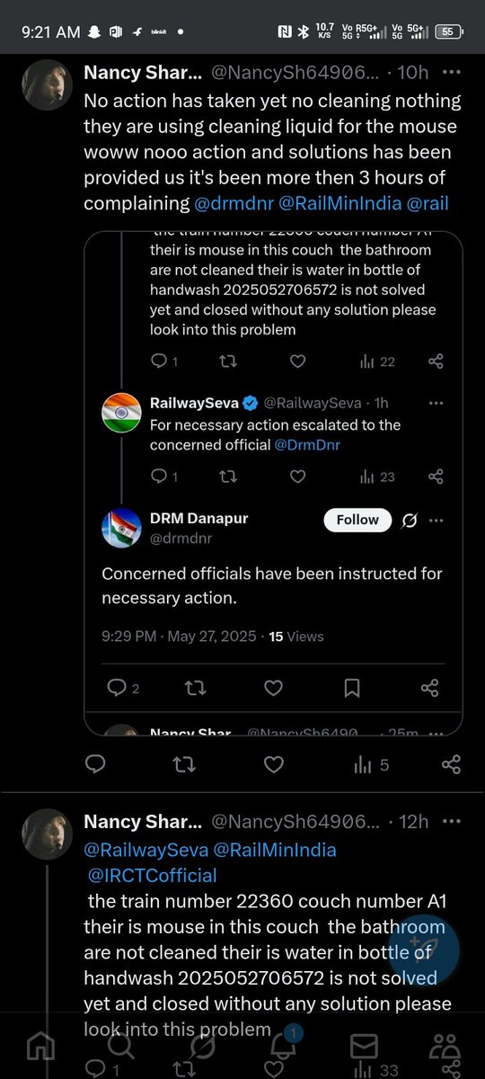 NancySh64906942's tweet photo. @drmdnr @RailMinIndia @RailwaySeva  even  after so many complaints no action has taken yet it's more then 12hours and the no response woww so great 22360 A1 couch Iam sick of this no cleanliness at all https://t.co/9gkUdqKEew