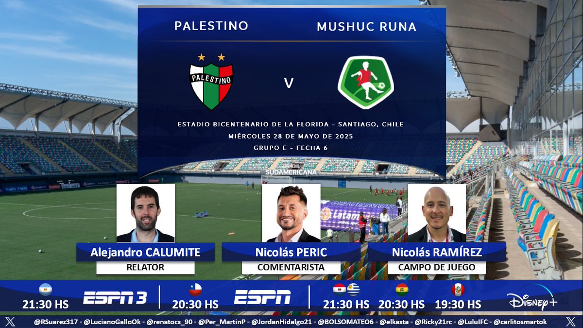 Puntaje Ideal (@puntaje_ideal) on Twitter photo ⚽ #Sudamericana | 🇨🇱 #Palestino vs. #MushucRuna 🇪🇨
🎙 Relator: <a href="/alecalumite/">Alejandro Calumite</a>
🎙 Comentarista: <a href="/nicoperic/">nicolas peric</a>
🎙 Campo de juego: <a href="/Ramirezgnico/">Nicolás Ramírez</a>
📺 #ESPN3 Argentina 🇦🇷
📺 #ESPN Chile 🇨🇱
💻📱 <a href="/disneyplusla/">Disney+ Latinoamérica</a> 🇦🇷🇨🇱🇺🇾🇵🇾🇧🇴🇵🇪
🤳 #SudamericanaxESPN - #LaGranConquista
Dale RT 🔃 ⚽ #Sudamericana | 🇨🇱 #Palestino vs. #MushucRuna 🇪🇨
🎙 Relator: <a href="/alecalumite/">Alejandro Calumite</a>
🎙 Comentarista: <a href="/nicoperic/">nicolas peric</a>
🎙 Campo de juego: <a href="/Ramirezgnico/">Nicolás Ramírez</a>
📺 #ESPN3 Argentina 🇦🇷
📺 #ESPN Chile 🇨🇱
💻📱 <a href="/disneyplusla/">Disney+ Latinoamérica</a> 🇦🇷🇨🇱🇺🇾🇵🇾🇧🇴🇵🇪
🤳 #SudamericanaxESPN - #LaGranConquista
Dale RT 🔃