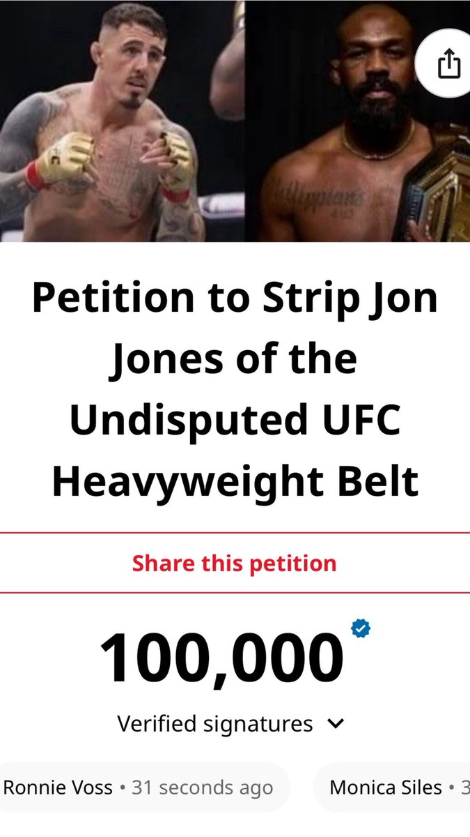tony_has_died's tweet image. 100,000 signatures…thank you to everyone who cares about this issue plaguing our sport. But we aren’t close to done yet. Our crusade continues. We are not done until Jon has been stripped. Everyone like this post, tag Jon, Tag Dana, Tag the UFC, tag all your friends! We got this