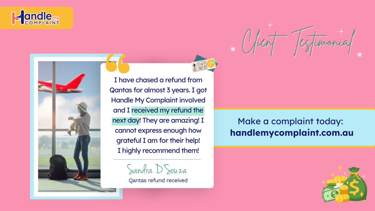 HandleComplaint's tweet image. Sandra tried so many times to get her #cancelledflights refunded by #Qantas, but she only got the #runaround. 🤦‍♀️

She went to #HandleMyComplaint for help &amp;amp; got her #refund the next day! 💸👏

Get the #outcome you deserve — make a #complaint now 👉 handlemycomplaint.com.au

#HMC