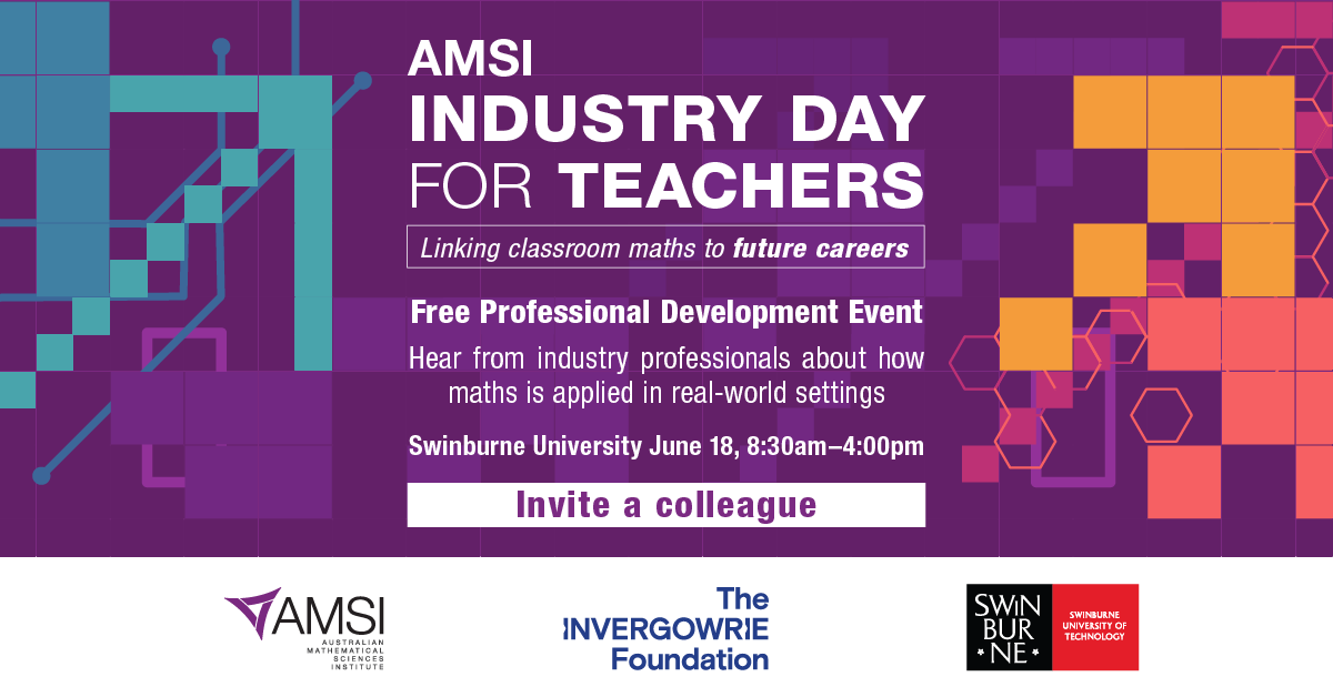 Australian Mathematical Sciences Institute (AMSI) (@discoveramsi) on Twitter photo 🧑🏫 Are you or someone you know working in #HighSchool Education? Attend the Industry Day for Teachers! This #PD event explores the demand for #maths in the workforce, key #industry roles and much more!
📍 <a href="/Swinburne/">Swinburne University of Technology</a> | 18 June
Register: amsi.org.au/.../register-f…... 🧑🏫 Are you or someone you know working in #HighSchool Education? Attend the Industry Day for Teachers! This #PD event explores the demand for #maths in the workforce, key #industry roles and much more!
📍 <a href="/Swinburne/">Swinburne University of Technology</a> | 18 June
Register: amsi.org.au/.../register-f…...