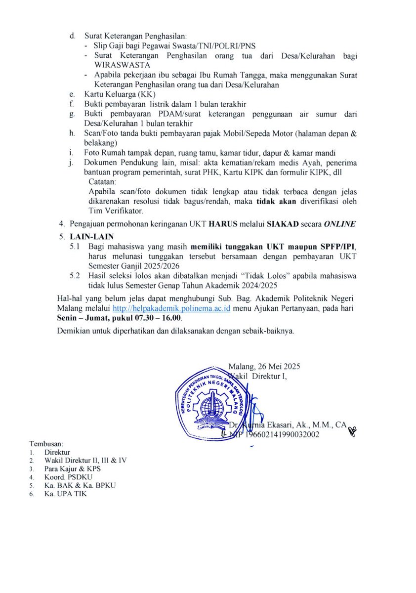 [INFORMASI]

Berikut kami sampaikan pengumuman tentang
Pengajuan Peninjauan Ulang Tarif dan Kelompok Uang Kuliah Tunggal (UKT) Semester Ganjil TA 2025/2026 Politeknik Negeri Malang

#polinema #polinema