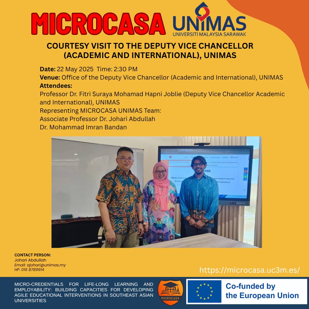 22 May 2025: UNIMAS MICROCASA team met with Prof. Dr. Fitri Suraya (DVC, Academic &amp; International) to share project updates and the sustainability plans.

👏 Strong support for micro-credentials at UNIMAS!
#MICROCASA #UNIMAS #LifelongLearning #Microcredentials #ErasmusPlus