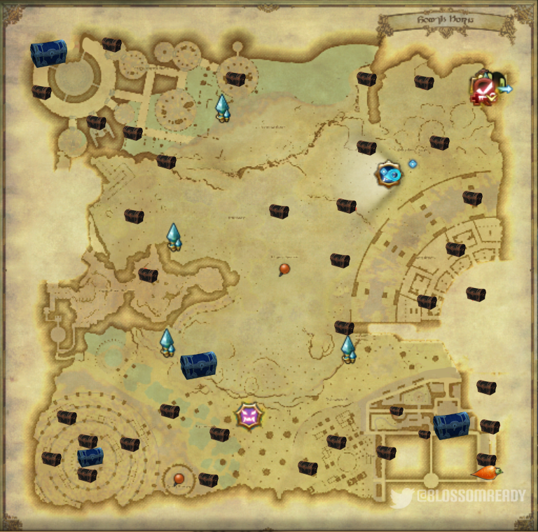 BlossomReady's tweet photo. My friends and I spent some time charting out every location we could find open world chests in Occult Crescent! I only found one carrot on the floor so far but this is the map we got in case anyone else needs it! ^^ #FFXIV https://t.co/ZB6p0XVpEx
