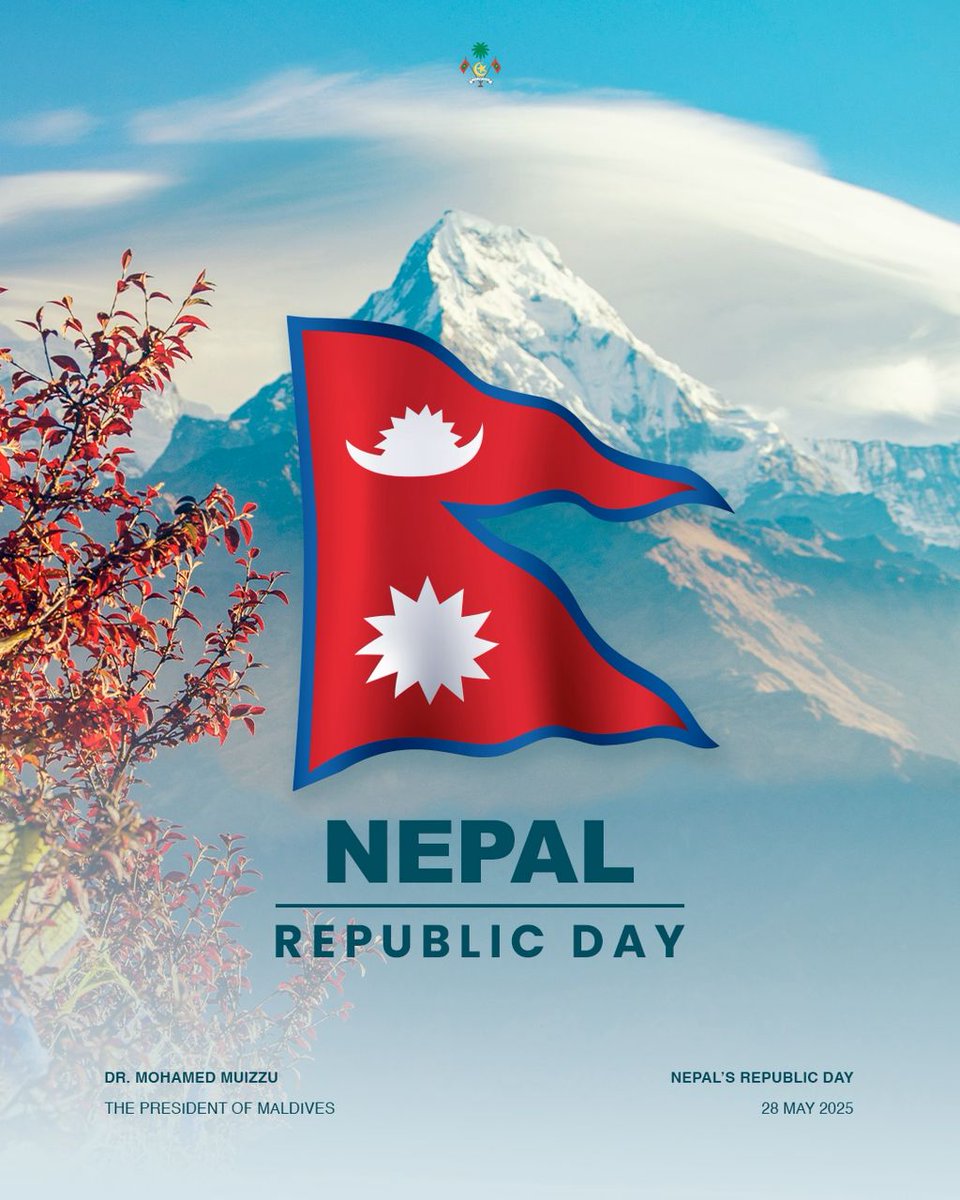 Dr Mohamed Muizzu (@mmuizzu) on Twitter photo I wish to convey heartfelt felicitations and wishes to HE President Ramchandra Paudel <a href="/RcPaudelNepal/">Ram Chandra Paudel</a>, HE PM K.P. Sharma Oli <a href="/kpsharmaoli/">K P Sharma Oli</a>, the government, and the people of Nepal on their Republic Day. Today is a day of commemoration of the national unity alongside diversity I wish to convey heartfelt felicitations and wishes to HE President Ramchandra Paudel <a href="/RcPaudelNepal/">Ram Chandra Paudel</a>, HE PM K.P. Sharma Oli <a href="/kpsharmaoli/">K P Sharma Oli</a>, the government, and the people of Nepal on their Republic Day. Today is a day of commemoration of the national unity alongside diversity